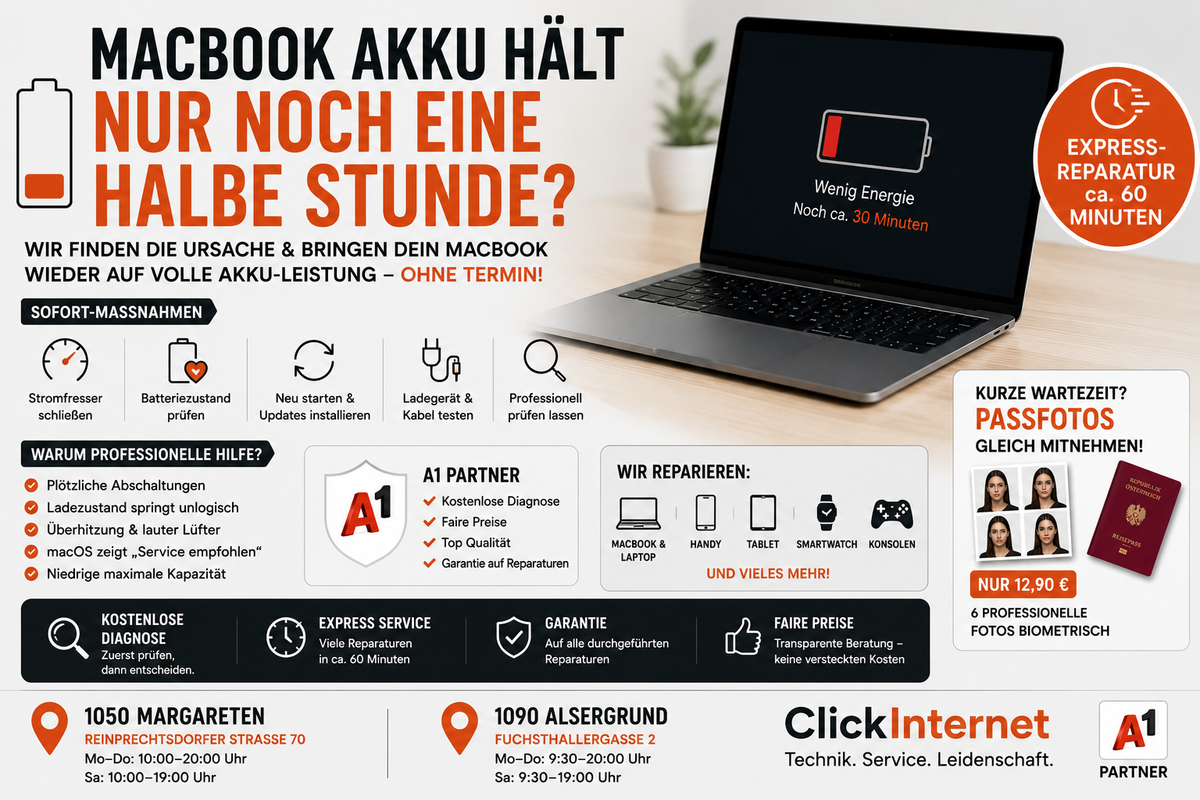 MacBook Akku haelt nur noch eine halbe Stunde in 1110 Simmering Reparatur | Clickinternet Wien