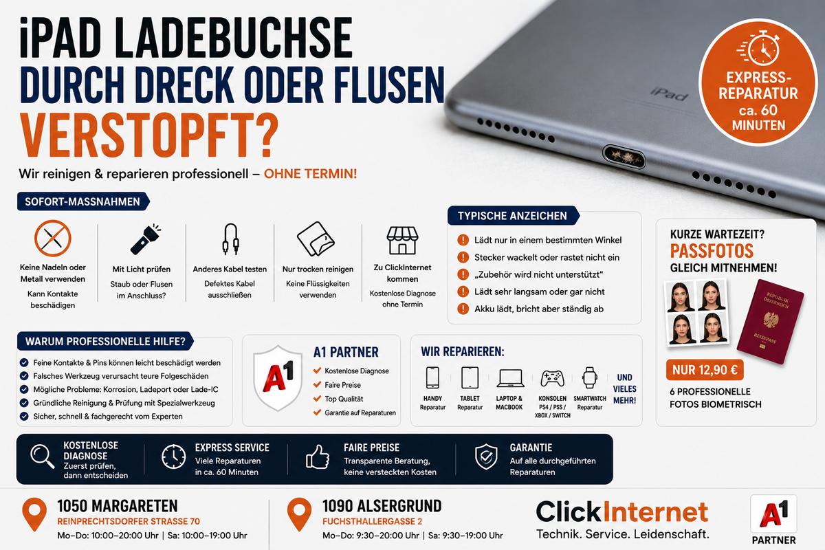 iPad Ladebuchse durch Dreck oder Flusen verstopft in 1140 Penzing Reparatur | Clickinternet Wien