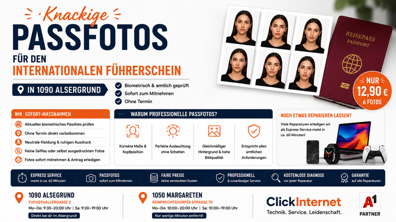 Knackige Passfotos für den internationalen Fuehrerschein in 1090 Alsergrund Reparatur | Clickinternet Wien