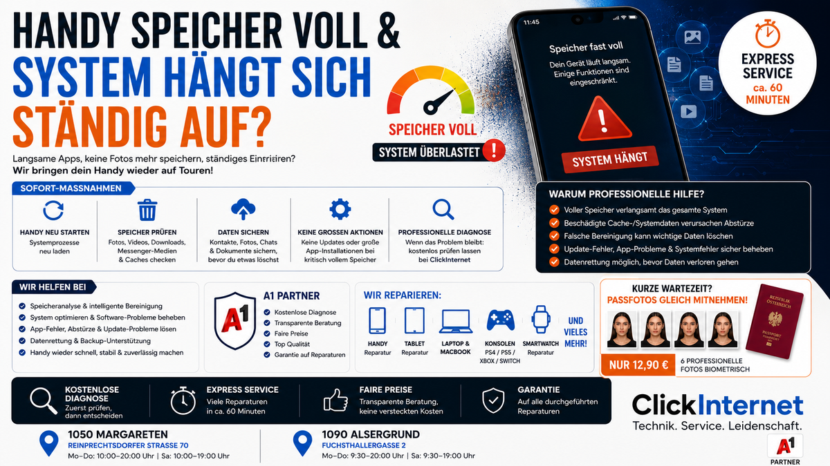 Handy Speicher voll & System haengt sich staendig auf in 1070 Neubau Reparatur | Clickinternet Wien
