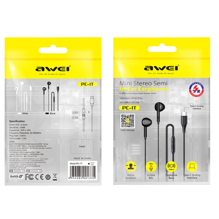 awei PC-1T 1,2 m Mini-Stereo-Halb-In-Ear-Kopfhörer, PC-1T(Black), PC-1T(White)