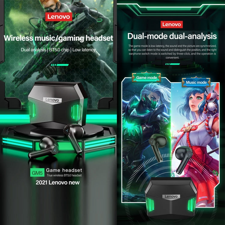 Lenovo GM5 TWS Bluetooth Wireless Sports Wasserdichter Gaming-Kopfhörer mit Rauschunterdrückung und Mikrofon, GM5