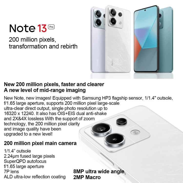 Xiaomi Redmi Note 13 Pro 5G, 6,67 Zoll MIUI 14 Snapdragon 7s Gen 2 Octa Core 4 nm bis zu 2,4 GHz, NFC, Netzwerk: 5G, 16GB+512GB