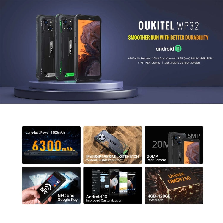 Oukitel WP32, IP68/IP69K, 5,93 Zoll Android 13 Unisoc Tiger T606 Octa-core, NFC, OTG, Netzwerk: 4G, 4GB+128GB