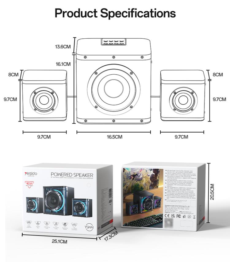 Yesido YSW41 40W 2.1-Kanal-System mit farbenfrohem RGB-Bluetooth-Lautsprecher und Subwoofer, YSW41