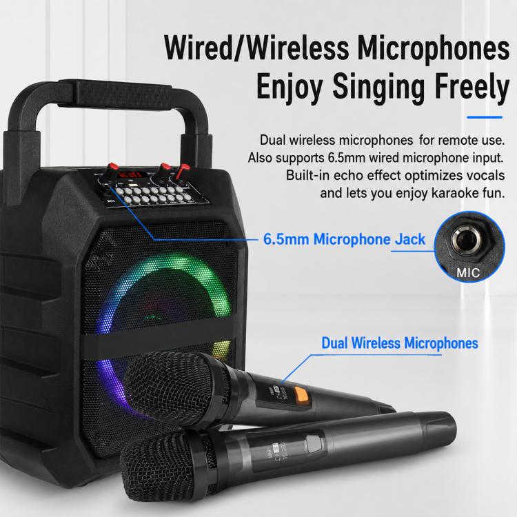 K6S Tragbarer kabelloser Bluetooth-Lautsprecher für den Außenbereich mit 2 wiederaufladbaren Mikrofonen, with 2pcs Rechargeable Microphones