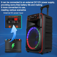 N-625 Outdoor-Karaoke-Lautsprecher mit 12-Zoll-Woofer, RGB-Beleuchtung, tragbarer Trolley-Funktion, Bluetooth und zwei drahtlosen Mikrofonen, US Plug, EU Plug, UK Plug