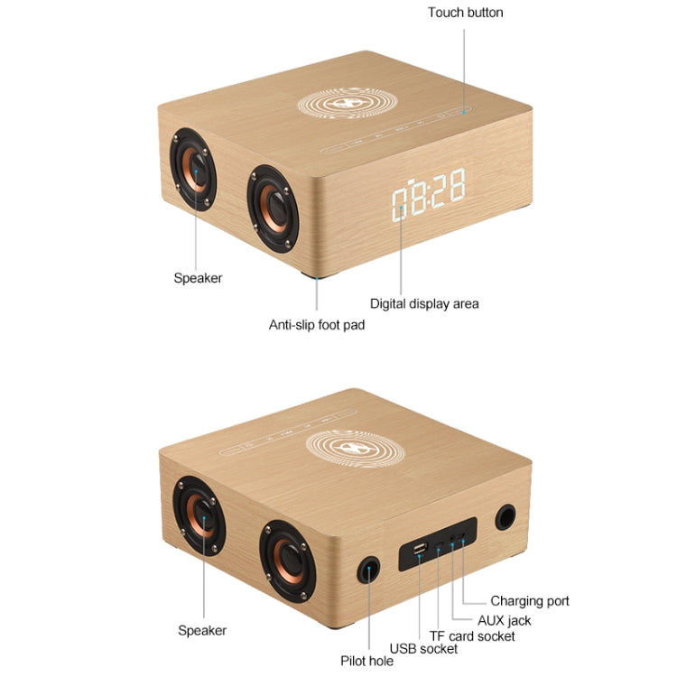 Q5A Multifunktionaler Holz-Touch-Uhr-Display, kabelloser Lade-Bluetooth-Lautsprecher, unterstützt TF-Karte, U-Disk und 3,5 mm AUX, Q5A