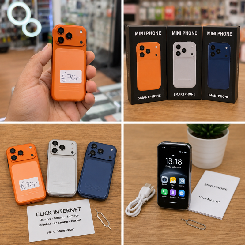 Mini Phone Pro – Mini Smartphone im iPhone-Stil | Android | Orange, Silber & Blau