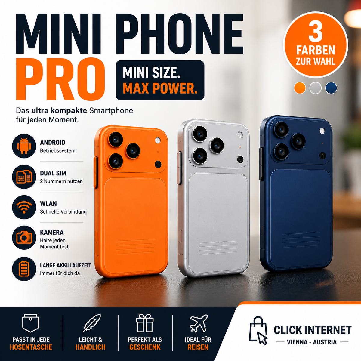 Mini Phone Pro – Mini Smartphone im iPhone-Stil | Android | Orange, Silber & Blau