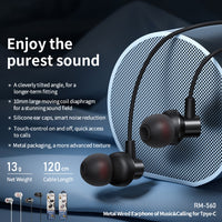 REMAX RM-560 Typ-C In-Ear-Stereo-Musikkopfhörer aus Metall mit Kabelsteuerung + Mikrofon, unterstützt Freisprechen, nicht für Samsung-Telefone