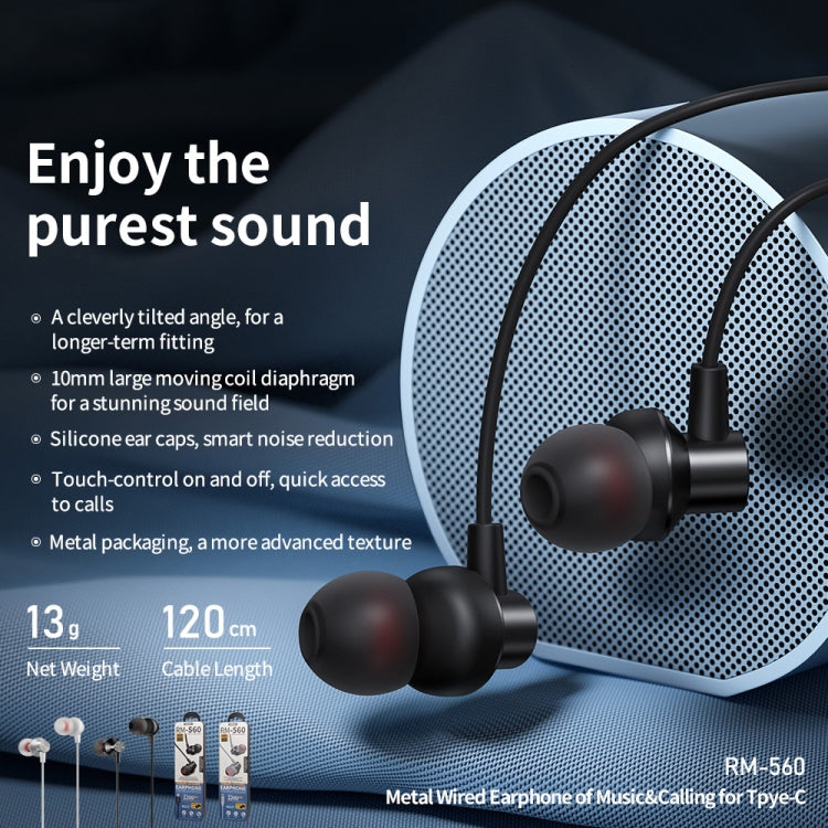 REMAX RM-560 Typ-C In-Ear-Stereo-Musikkopfhörer aus Metall mit Kabelsteuerung + Mikrofon, unterstützt Freisprechen, nicht für Samsung-Telefone