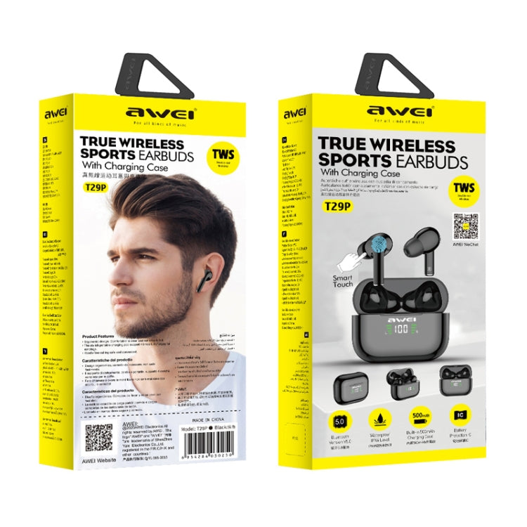 awei T29P Bluetooth V5.0 LED-Digitalanzeige Ture Wireless Sports IPX4 Wasserdichtes TWS-Headset mit Ladekoffer