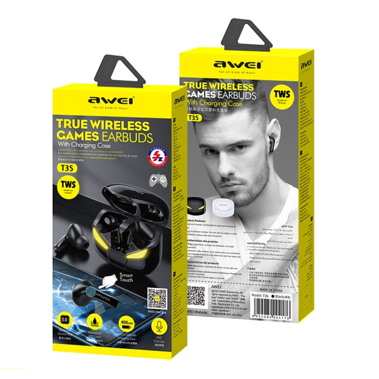 awei T35 Bluetooth V5.0 Ture Wireless Sportspiel Dual Mode IPX5 Wasserdichtes TWS-Headset mit Ladekoffer