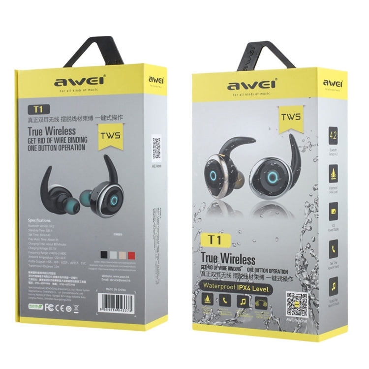AWEI T1 Sport-Headset IPX4 Wasserdichter kabelloser Bluetooth V4.2 Stereo-Kopfhörer, unterstützt TWS, T1