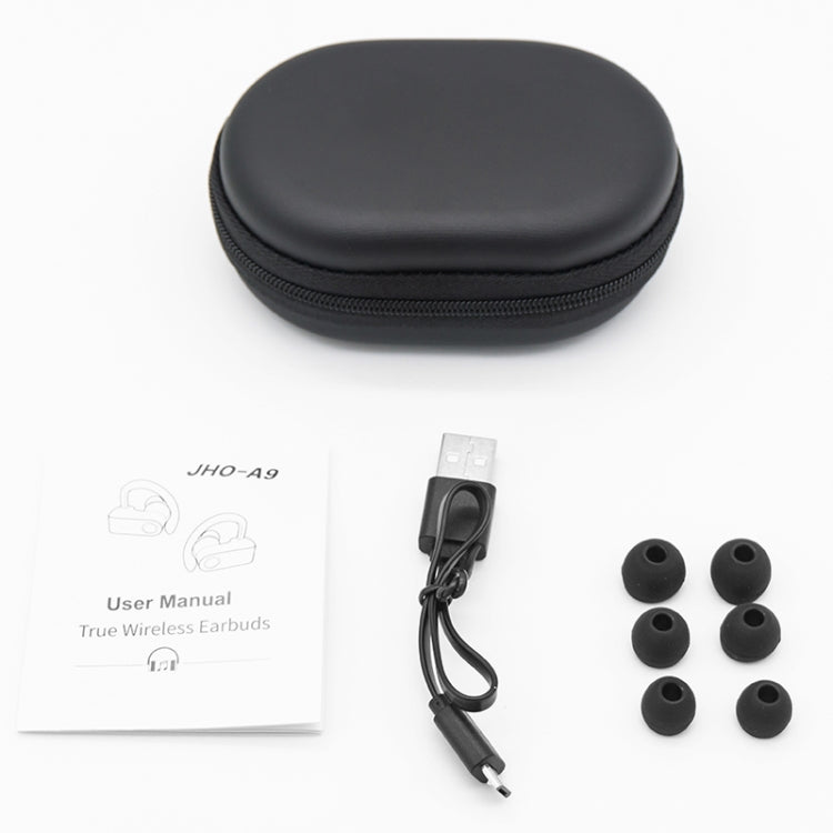JHO-A9 TWS Kabelloser hängender Ohr-Bluetooth-Kopfhörer mit integrierter Reißverschlusstasche zum Aufladen und Aufbewahren, unterstützt Sprachsteuerung, JHO-A9