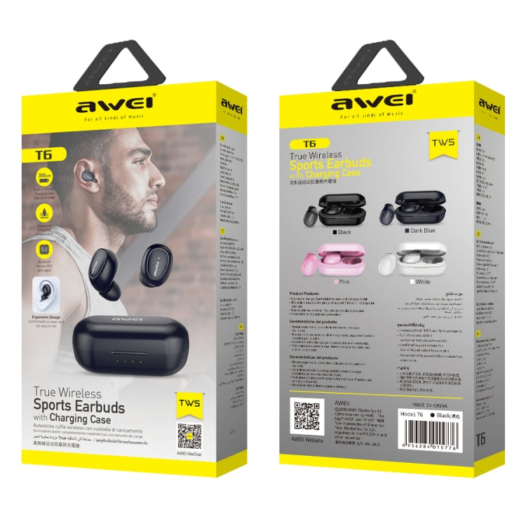 awei T6 TWS Bluetooth V5.0 Ture Kabelloses Sport-Headset mit Ladehülle