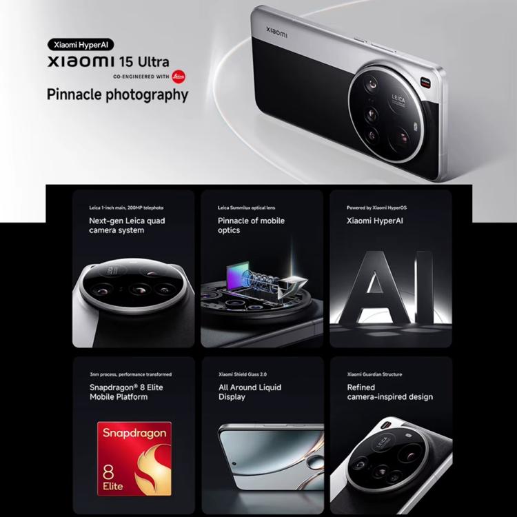 Xiaomi 15 Ultra Global, 16 GB + 512 GB, 3D-Ultraschall-Fingerabdrucksensor, 200-MP-Kamera, 6,73 Zoll Xiaomi HyperOS 2, Snapdragon 8 Elite Octa-Core-Prozessor (3 nm), NFC, Netzwerk: 5G, Xiaomi 15 Ultra Global, 16GB+512GB (Silver)                        ...