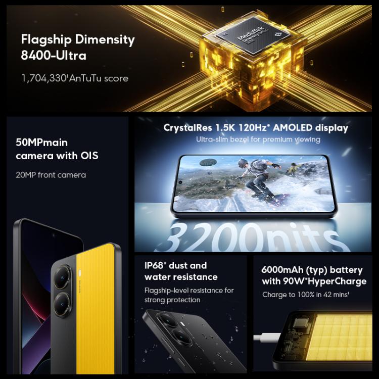 Xiaomi POCO X7 Pro 5G Global, 12 GB + 256 GB, Fingerabdruck auf dem Bildschirm, 6,67 Zoll Xiaomi HyperOS 2 MediaTek Dimensity 8400-Ultra Octa Core, NFC, Netzwerk: 5G, 12GB+256GB