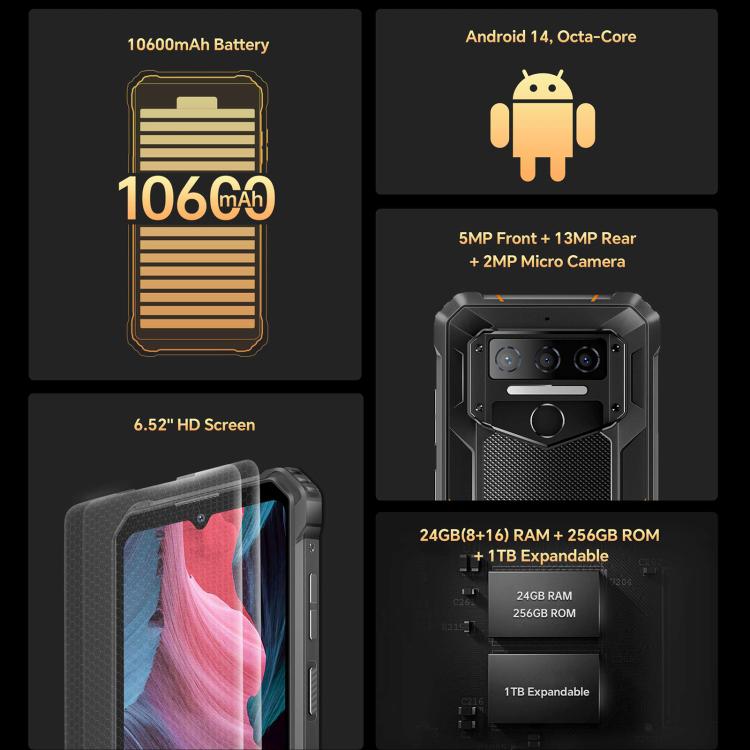 Oukitel WP23 Plus – Robustes Smartphone, 8 GB RAM + 256 GB interner Speicher, 6,52 Zoll Display, Android 14.0, Unisoc T606 Octa-Core-Prozessor, NFC, OTG, 4G-Netzwerk, WP23 Plus, WP23 Plus 8GB+256GB