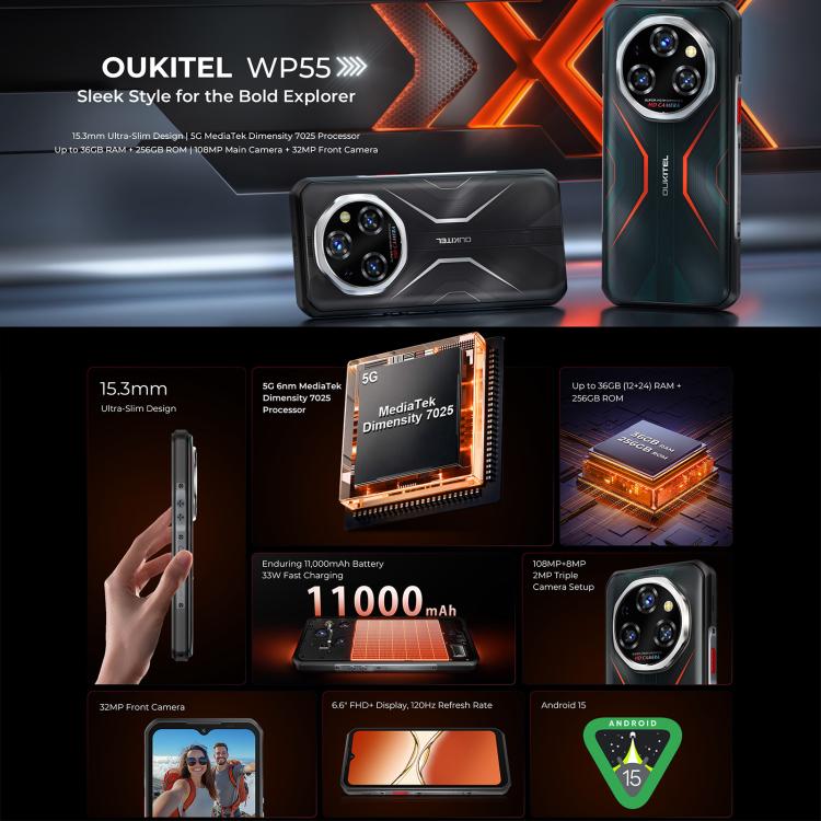 Oukitel WP55 5G Rugged Phone, 12 GB + 256 GB, 108-MP-Kamera, Fingerabdrucksensor, 6,6 Zoll, MediaTek Dimensity 7025 Octa-Core-Prozessor, NFC, OTG, Netzwerk: 5G, WP55
