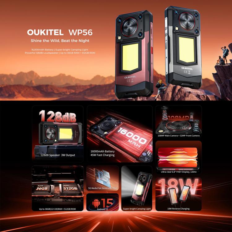 Oukitel WP56 Rugged Phone, 12 GB + 512 GB, 108-MP-Kamera, Fingerabdrucksensor, 6,8-Zoll-Android-15-Display, MTK Dimensity 7050 Octa-Core-Prozessor, NFC, OTG, 5G-Netzwerk