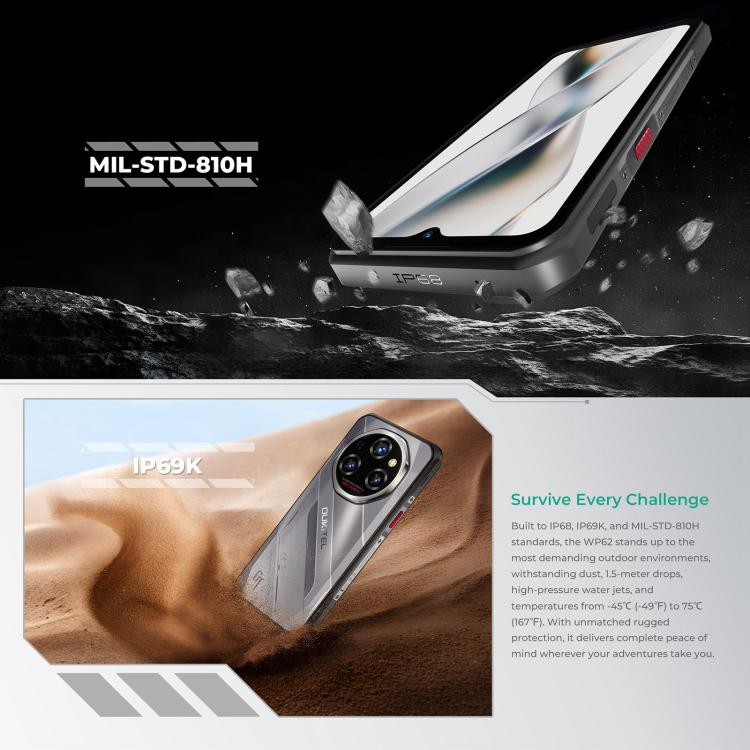 Oukitel WP62 Rugged Phone, 8 GB + 256 GB, 108-MP-Kamera, Fingerabdrucksensor, 6,6 Zoll, Android 15, MediaTek Dimensity 7025 Octa-Core-Prozessor, NFC, OTG, 5G-Netzwerk, 8GB+256GB