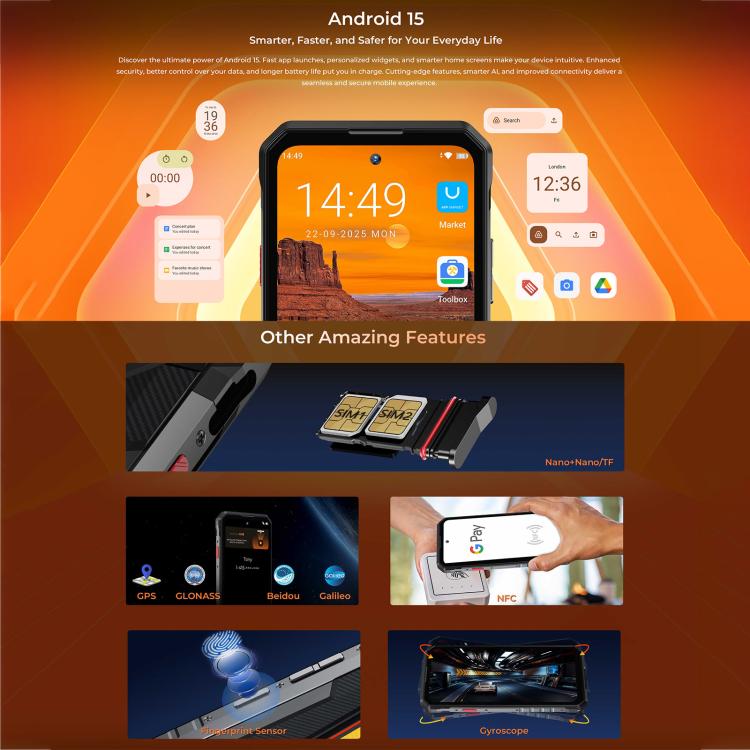 Oukitel WP58 Pro – Robustes Smartphone, 8 GB RAM + 512 GB interner Speicher, seitlicher Fingerabdrucksensor, 6,7-Zoll-Display, Android 15, UMS9621S Octa-Core-Prozessor, NFC, OTG, 5G-Netzwerk, 8GB+512GB