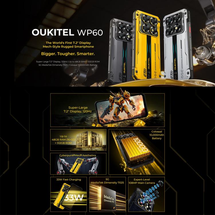 Oukitel WP60 Rugged Phone, 16 GB + 512 GB, Nachtsicht, 108-MP-Kamera, seitlicher Fingerabdrucksensor, 7,2-Zoll-Display, Android 15, MediaTek Dimensity 7025 Octa-Core-Prozessor, NFC, OTG, 5G-Netzwerk, 16GB+512GB