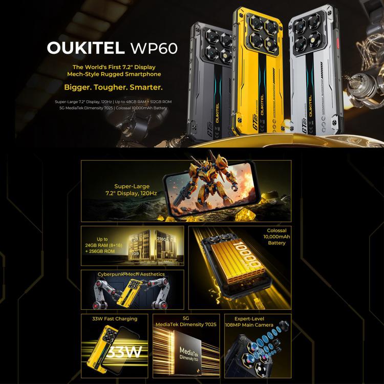 Oukitel WP60 Rugged Phone, 8 GB + 256 GB, Nachtsicht, 108-MP-Kamera, seitlicher Fingerabdrucksensor, 7,2-Zoll-Display, Android 15, MediaTek Dimensity 7025 Octa-Core-Prozessor, NFC, OTG, 5G-Netzwerk, 8GB+256GB