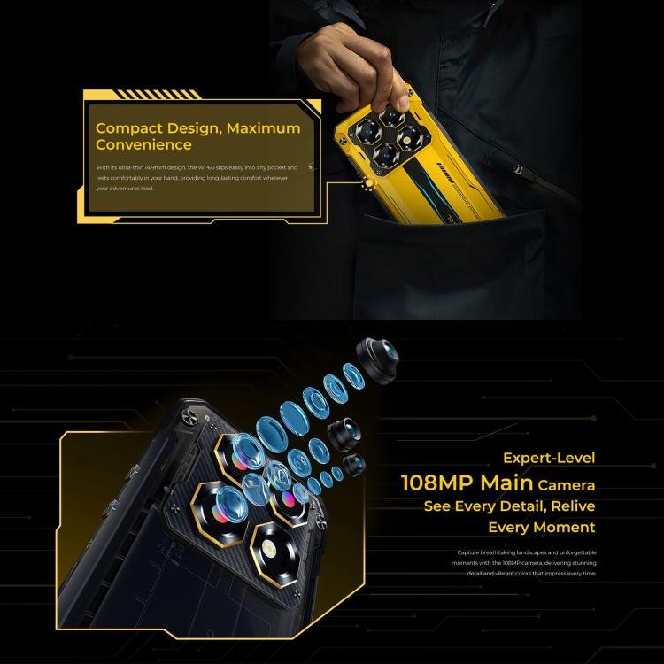 Oukitel WP60 Rugged Phone, 8 GB + 256 GB, Nachtsicht, 108-MP-Kamera, seitlicher Fingerabdrucksensor, 7,2-Zoll-Display, Android 15, MediaTek Dimensity 7025 Octa-Core-Prozessor, NFC, OTG, 5G-Netzwerk, 8GB+256GB