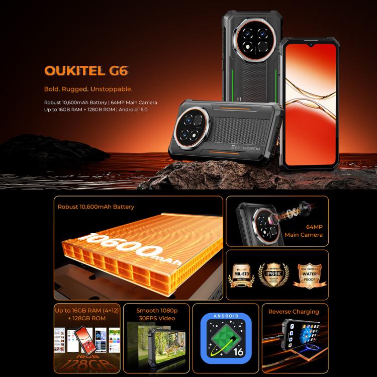Oukitel G6 Rugged Phone, 4 GB + 128 GB, Fingerabdrucksensor, 10600-mAh-Akku, 6,52 Zoll, Android 16.0, Unisoc T615 Octa-Core-Prozessor, NFC, OTG, Netzwerk: 4G, 4GB+128GB
