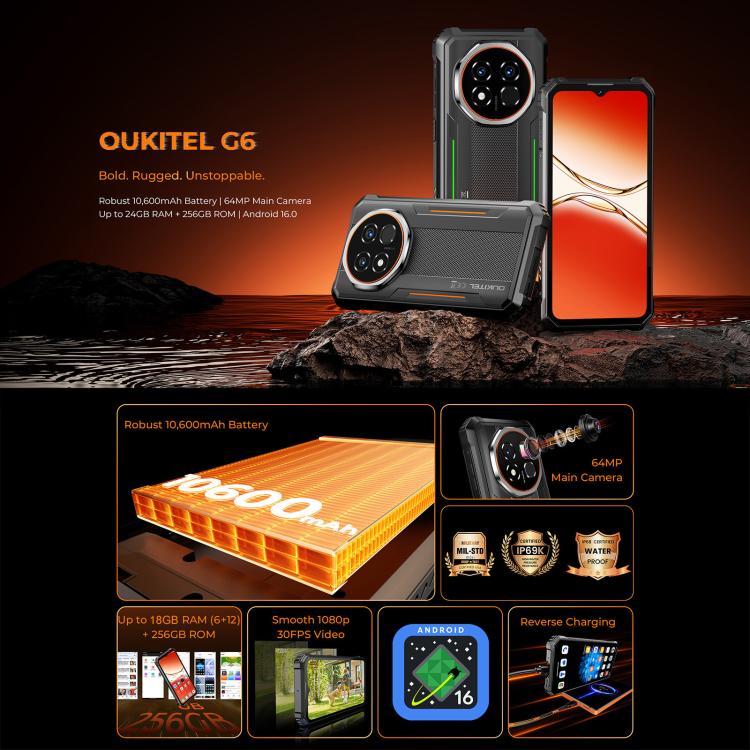 Oukitel G6 Rugged Phone, 8 GB + 256 GB, Fingerabdrucksensor, 10600-mAh-Akku, 6,52 Zoll, Android 16.0, Unisoc T615 Octa-Core-Prozessor, NFC, OTG, Netzwerk: 4G, 6GB+256GB