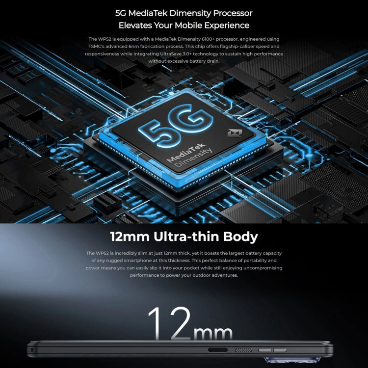 Oukitel WP52 5G Robustes Telefon, 4 GB + 256 GB, 6,6 Zoll Android 14.0 MediaTek Dimensity 6100+ Octa-Core 3,0 GHz, NFC, OTG, Netzwerk: 5G, WP52