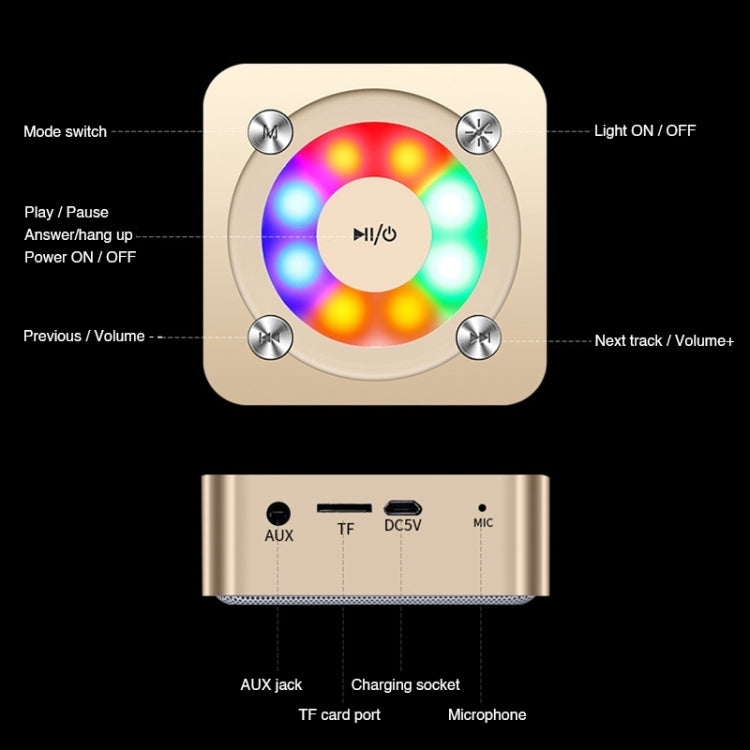 A9 Tragbarer Bluetooth-Stereolautsprecher mit integriertem Mikrofon und Licht, unterstützt Freisprechanrufe, TF-Karte und AUX-Eingang, Bluetooth-Entfernung: 10 m, with Light(Gold), with Light(Black), with Light(Rose Gold)