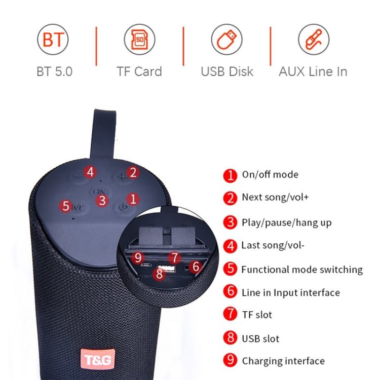 T&G TG169 LED Tragbarer Bluetooth-Lautsprecher für den Außenbereich, wasserdicht, Subwoofer, 3D-Stereo-Mini-Wireless-Lautsprecher, unterstützt AUX, FM, TF-Karte