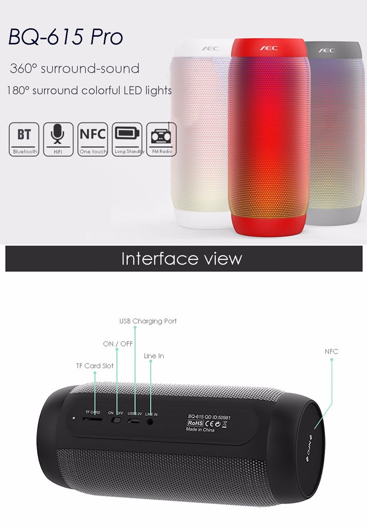 BQ615 PRO Bunter LED-Wireless-HiFi-Stereolautsprecher, kombiniert Bluetooth + TF-Kartenspieler + UKW-Radio + AUX + NFC, BQ615 PRO