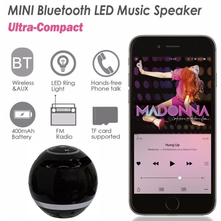 T&G A18 Ball Bluetooth-Lautsprecher mit LED-Licht, tragbarer kabelloser Mini-Lautsprecher, mobile Musik, MP3-Subwoofer, unterstützt TF, BLACK, BLUE, PINK, WHITE