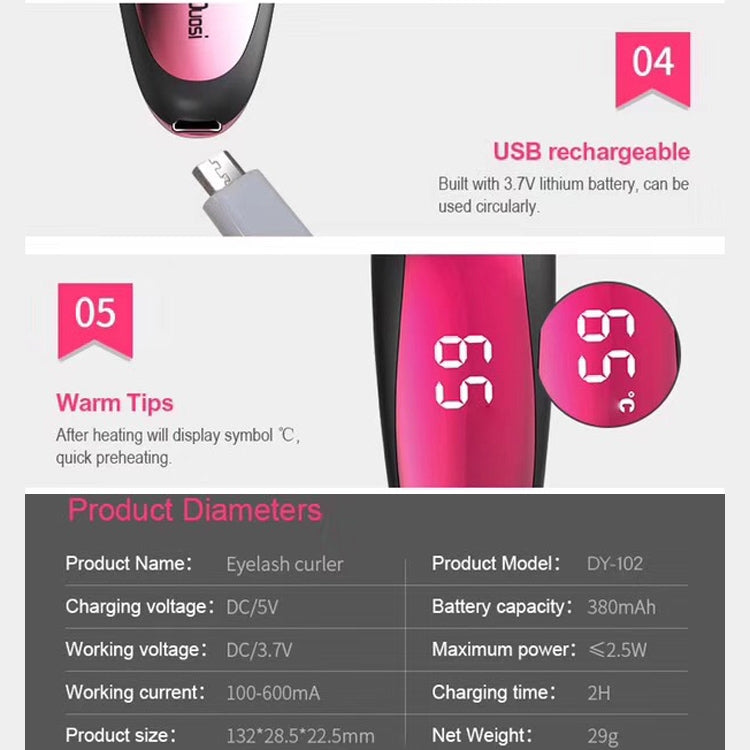 Duosi DY-102 Tragbarer Stift-Stil, beheizter, langlebiger elektrischer Wimpernzange zum Bügeln, USB-wiederaufladbarer, elektrisch beheizter Make-up-Lockenclip