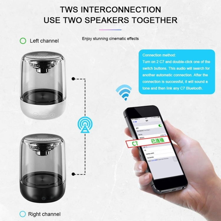 C7 Bluetooth 5.0 Lautsprecher Transparenter LED leuchtender Subwoofer TWS 6D Surround HIFI Stereo Cool Audio, C7