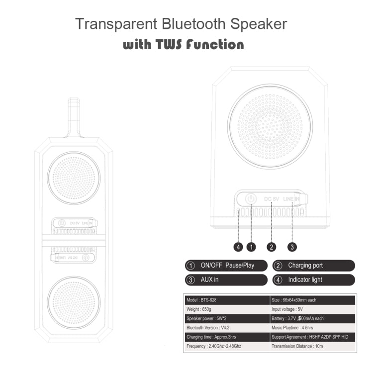 BT628 10W tragbare TWS transparente Bluetooth-Lautsprecher mit magnetisch anschließbarer Basis Outdoor-Stereo-Bass-Subwoofer