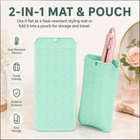 Hitzebeständige Silikonmatte für Lockenstab und Glätteisen, 2-in-1 Reise-Organizer für heiße Haarstylinggeräte, rutschfeste, doppelseitige Schutzmatte für die Arbeitsfläche, ideal für Haarglätter