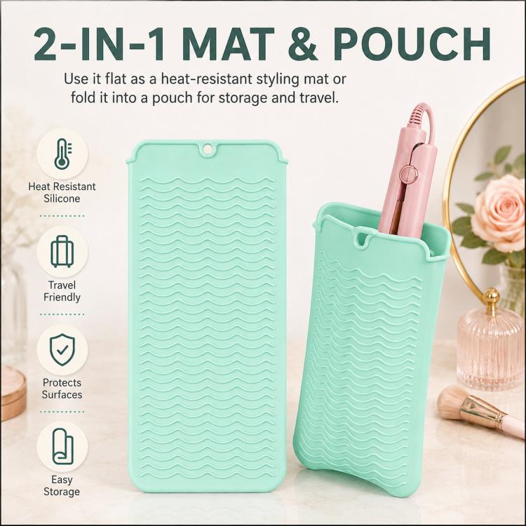 Hitzebeständige Silikonmatte für Lockenstab und Glätteisen, 2-in-1 Reise-Organizer für heiße Haarstylinggeräte, rutschfeste, doppelseitige Schutzmatte für die Arbeitsfläche, ideal für Haarglätter