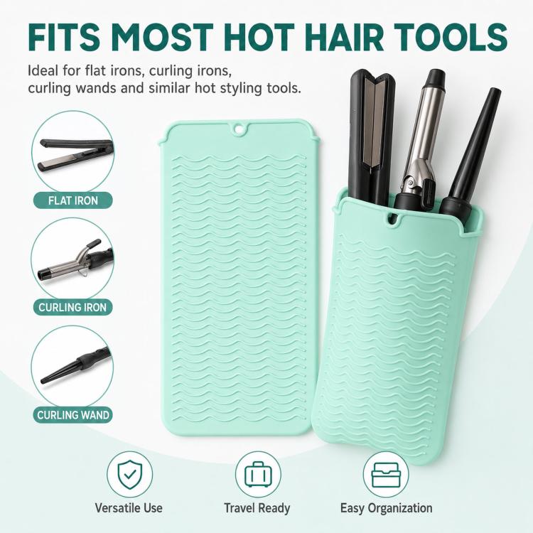 Hitzebeständige Silikonmatte für Lockenstab und Glätteisen, 2-in-1 Reise-Organizer für heiße Haarstylinggeräte, rutschfeste, doppelseitige Schutzmatte für die Arbeitsfläche, ideal für Haarglätter
