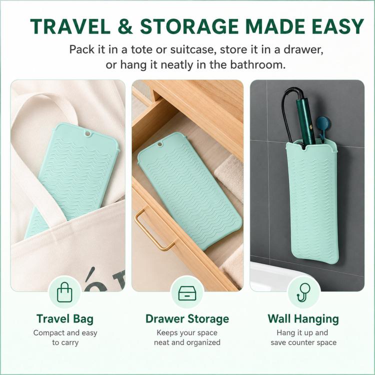 Hitzebeständige Silikonmatte für Lockenstab und Glätteisen, 2-in-1 Reise-Organizer für heiße Haarstylinggeräte, rutschfeste, doppelseitige Schutzmatte für die Arbeitsfläche, ideal für Haarglätter