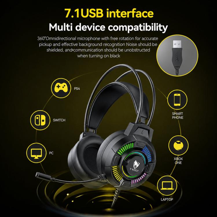 T-WOLF H140 Gaming-Headset mit Mikrofon, 7.1 Surround-Sound, kabelgebunden, mit RGB-Beleuchtung, H140