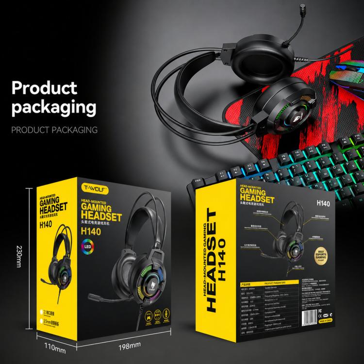 T-WOLF H140 Gaming-Headset mit Mikrofon, 7.1 Surround-Sound, kabelgebunden, mit RGB-Beleuchtung, H140