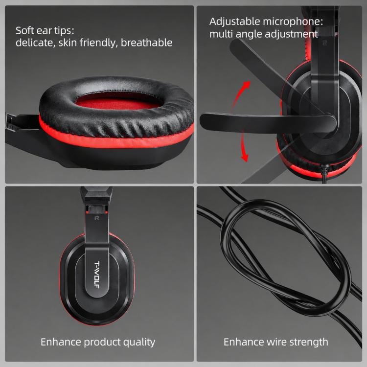 T-WOLF H150 Gaming-Headset mit zwei 3,5-mm-Klinkensteckern, Mikrofon, Over-Ear-Stereo-Kopfhörer mit Kabel und 40-mm-Lautsprechertreibern, H150
