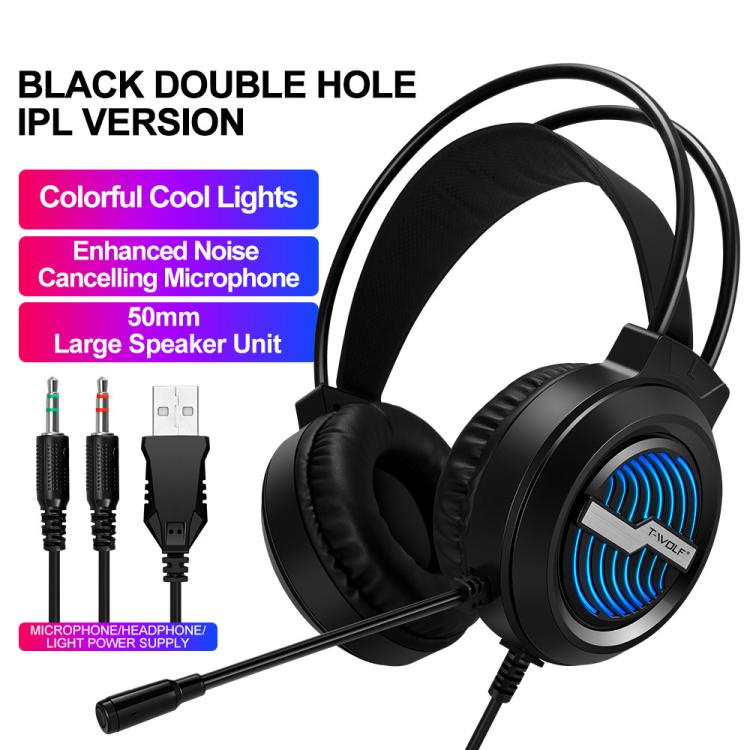 T-WOLF H130 Dual 3,5-mm- und USB-Gaming-Headset mit Mikrofon, RGB-Beleuchtung, kabelgebundener PC-Kopfhörer, H130
