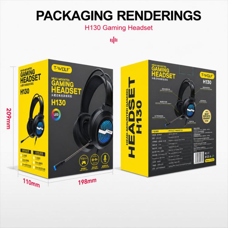 T-WOLF H130 Dual 3,5-mm- und USB-Gaming-Headset mit Mikrofon, RGB-Beleuchtung, kabelgebundener PC-Kopfhörer, H130